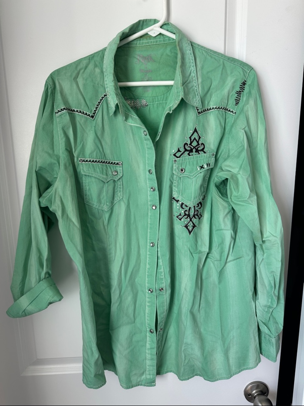 Rock 47 Mint Green Embroidered western pearl snap Shirt